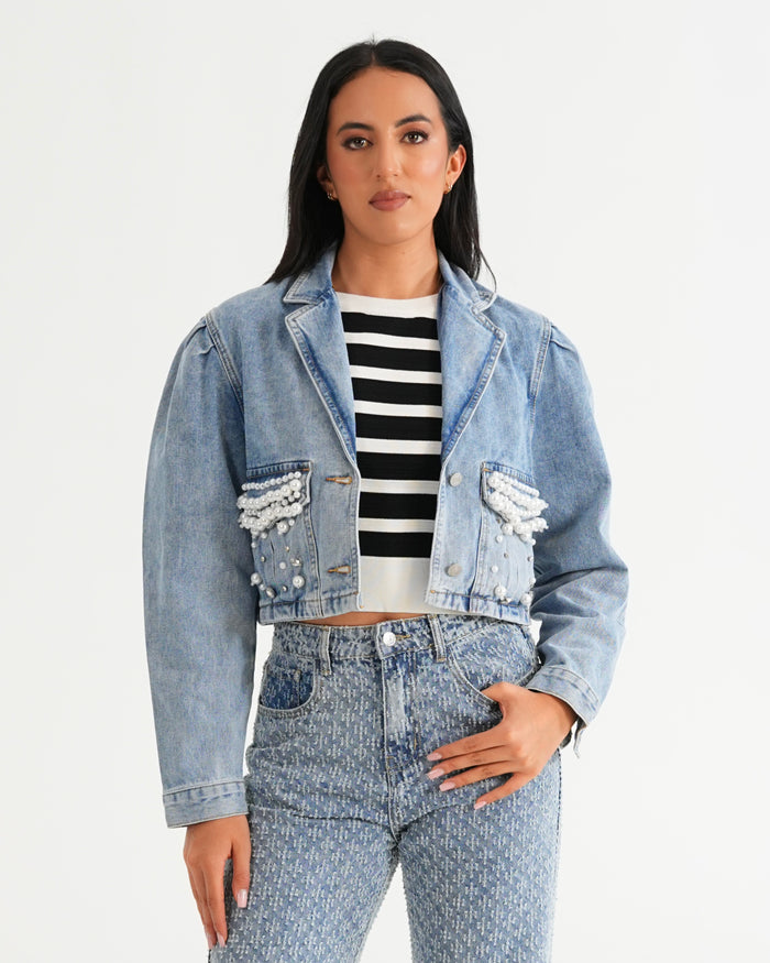 CHAQUETA AZUL DE JEAN CON PERLAS PARA MUJER