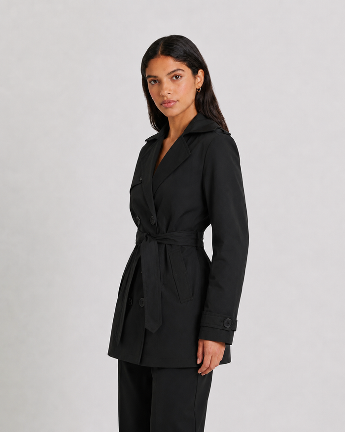 GABARDINA NEGRA EN PAÑO PARA MUJER