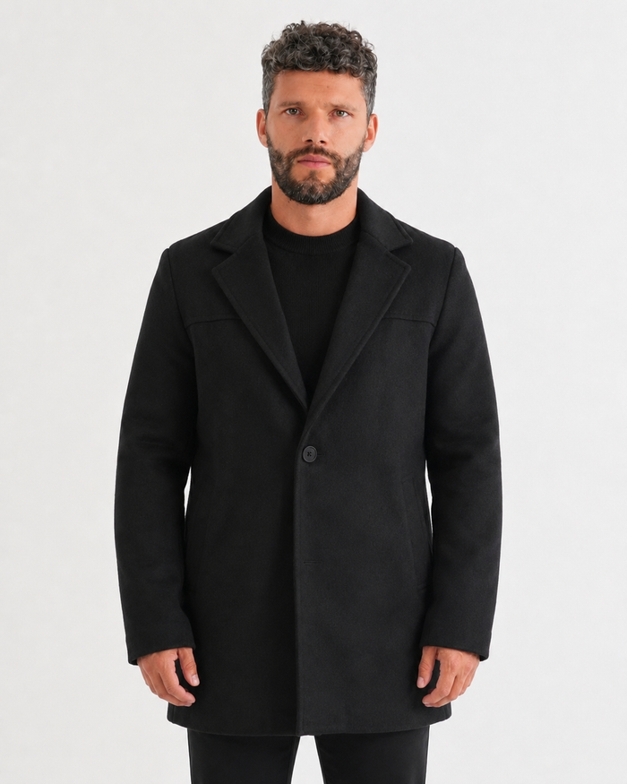 GABÁN NEGRO EN PAÑO CON CUELLO CAMISERO PARA HOMBRE